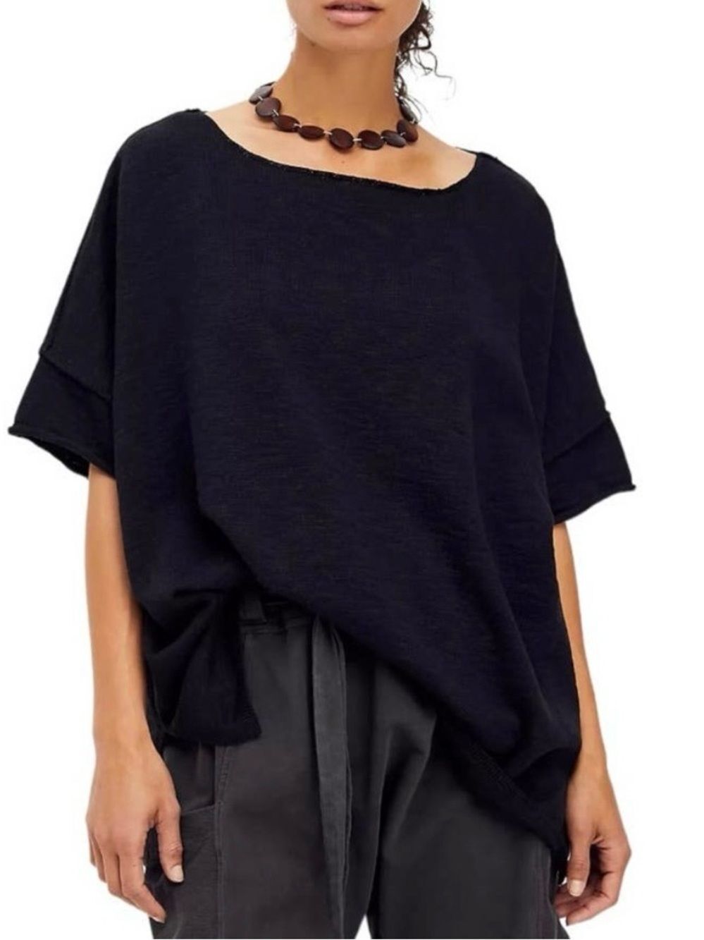 Free People Black Oversized Cotton Linen Blend Coastal Knit Top Women’s Medium
